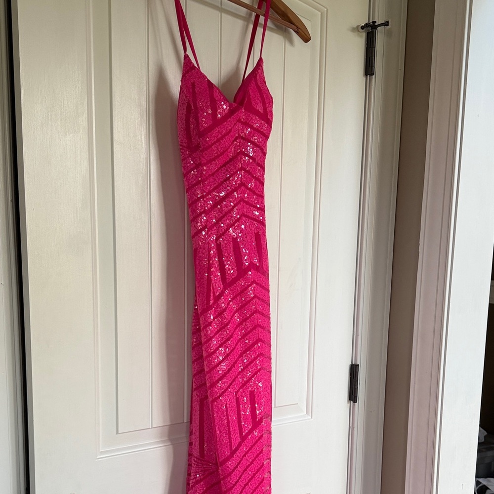 Hot Pink Sequin Spaghetti-Strap Evening Gown - Picture 4 of 8